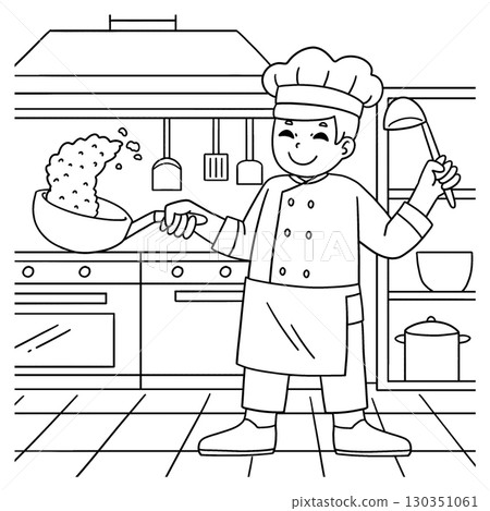 Male Chef Tossing Food with a Wok Coloring Page  130351061