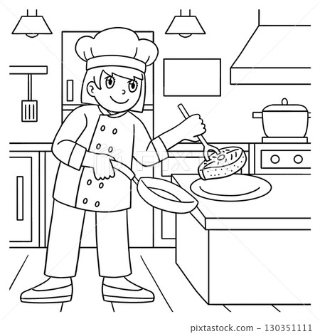 Female Chef Transferring Food onto Plate Coloring  130351111