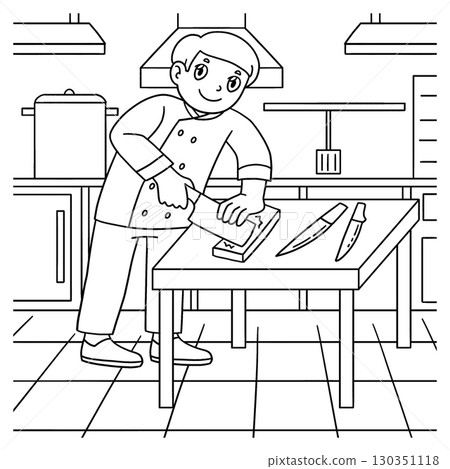 Male Chef Sharpening Knives Coloring Page for Kids 130351118