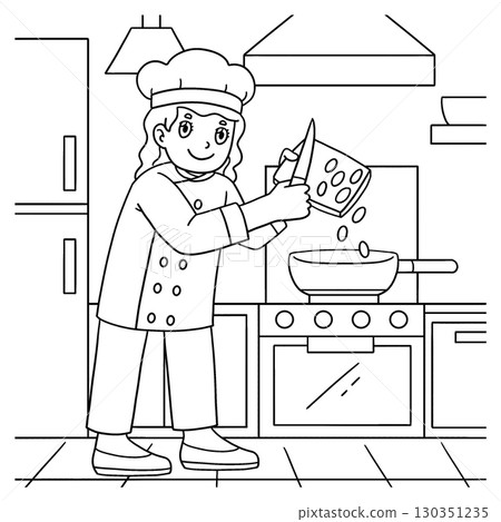 Female Chef Adding Ingredients Coloring Page  130351235