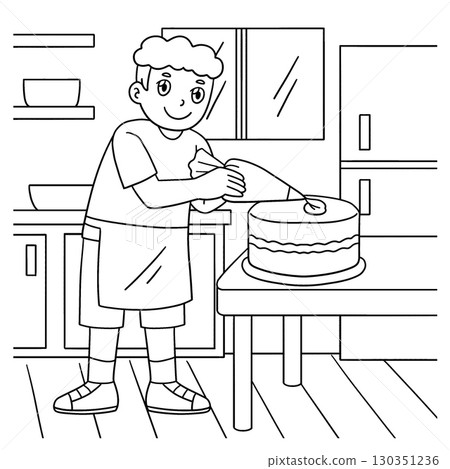 Baker Boy Putting Frosting on Cake Coloring Page Baker Boy Putting Frosting on Cake Coloring Page 130351236