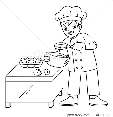 Male Chef Whisking Eggs on Table Isolated Coloring 130351372