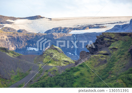 Majestic waterfalls cascading from glaciers in Iceland's rugged landscape 130351391