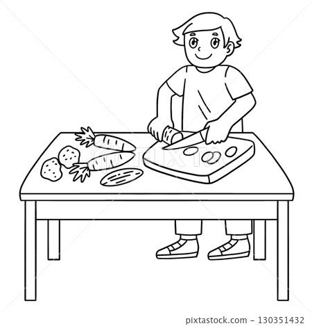 Chef Boy Chopping Vegetables Isolated Coloring  130351432