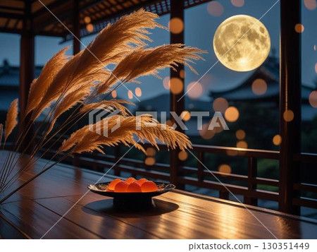 Illustration of a full moon shining in the autumn night sky and moon-viewing dumplings Illustration of a full moon shining in the autumn night sky and moon-viewing dumplings 130351449