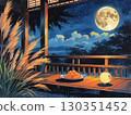 Illustration of a full moon shining in the autumn night sky and moon-viewing dumplings 130351452