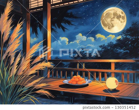 Illustration of a full moon shining in the autumn night sky and moon-viewing dumplings Illustration of a full moon shining in the autumn night sky and moon-viewing dumplings 130351452