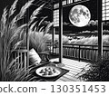 Illustration of a full moon shining in the autumn night sky and moon-viewing dumplings 130351453