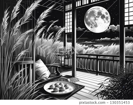 Illustration of a full moon shining in the autumn night sky and moon-viewing dumplings 130351453