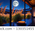Illustration of a full moon shining in the autumn night sky and moon-viewing dumplings 130351455