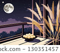 Illustration of a full moon shining in the autumn night sky and moon-viewing dumplings 130351457