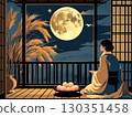 Illustration of a full moon shining in the autumn night sky and moon-viewing dumplings 130351458