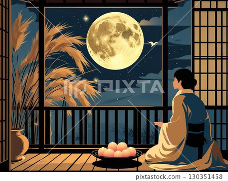 Illustration of a full moon shining in the autumn night sky and moon-viewing dumplings Illustration of a full moon shining in the autumn night sky and moon-viewing dumplings 130351458