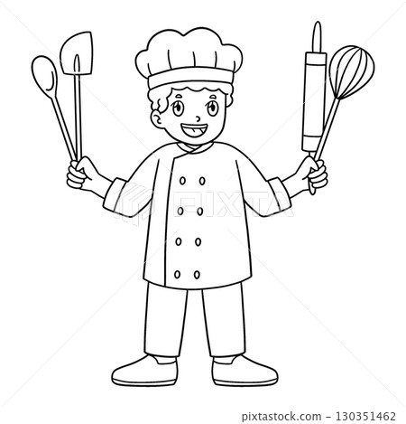 Male Chef with Cooking Utensils Isolated Coloring  130351462