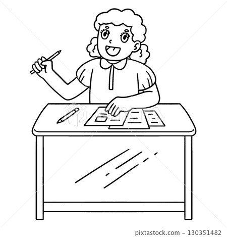 Female Student Seated at a Desk Isolated Coloring  130351482