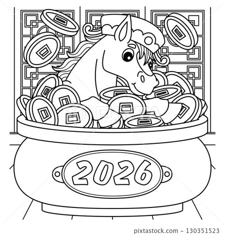 Year of the Horse 2026 with Chinese Coins Coloring 130351523