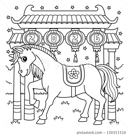 Year of the Horse In Front Chinese Gate Coloring Year of the Horse In Front Chinese Gate Coloring 130351528