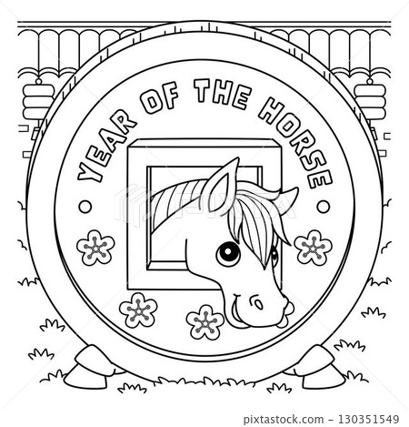 Year of the Horse Chinese Coin Coloring Page  130351549