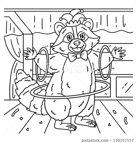 Circus Animal Raccoon with Hula Hoop Coloring Page 130351557