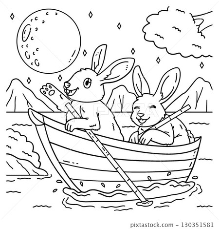 Mid Autumn Festival Rabbits on a Boat Coloring  130351581