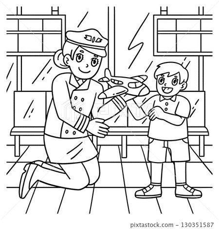 Female Pilot and a Child Coloring Page for Kids  130351587