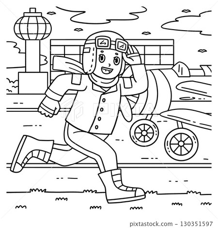 Male Pilot Wearing Goggles Coloring Page for Kids  130351597