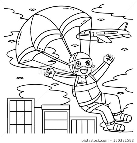 Female Pilot with Parachute Coloring Page for Kids 130351598