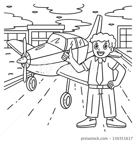 Male Pilot In Front of a Plane Coloring Page  130351617