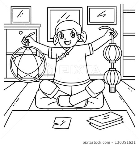 Mid Autumn Festival Girl with Decorations Coloring 130351621