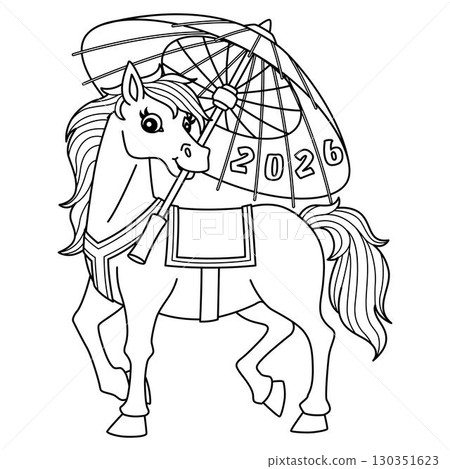 Year of the Horse Holding an Umbrella Isolated  130351623