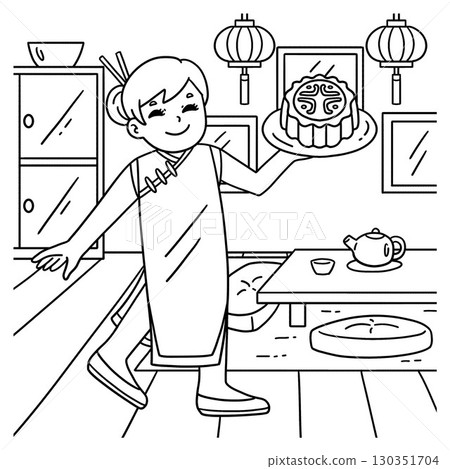 Mid Autumn Festival Mom Holding Mooncake Coloring  130351704