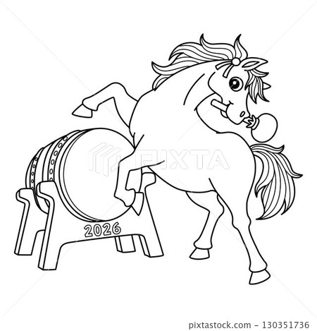 Year of the Horse Playing Drums Isolated Coloring  130351736
