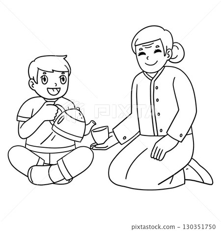 Mid Autumn Festival Grandma Grandson Tea Isolated  130351750