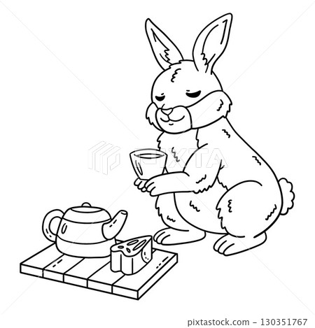 Mid Autumn Festival Rabbit Mooncake Tea Isolated  130351767