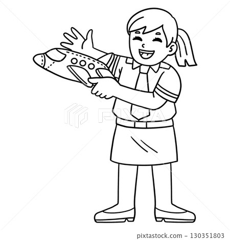 Female Pilot with Toy Plane Isolated Coloring Page 130351803