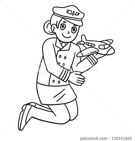 Female Pilot holding aToy Plane Isolated Coloring  130351808