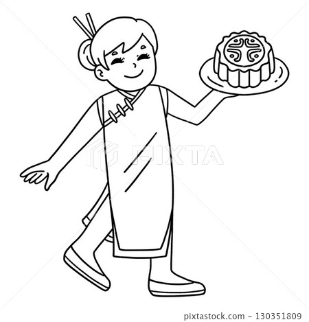 Mid Autumn Festival Mom Holding Mooncake Isolated  130351809