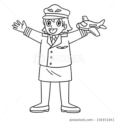 Female Pilot Holding a Toy Plane Isolated Coloring 130351841