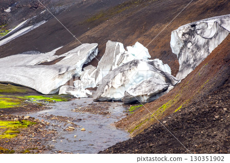 Spectacular glacier formations alongside a river in Iceland's rugged landscape Spectacular glacier formations alongside a river in Iceland's rugged landscape 130351902