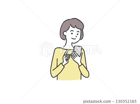 Illustration material of a woman looking at a smartphone, online procedures, smiling Illustration material of a woman looking at a smartphone, online procedures, smiling 130352165