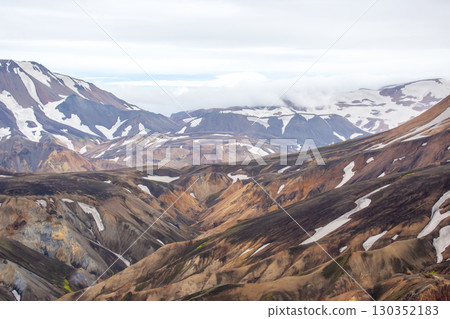 Stunning view of colorful mountains and valleys in Iceland showcasing nature's beauty 130352183