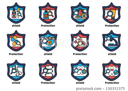 A set of 12 shields with the word protection on them 130352375