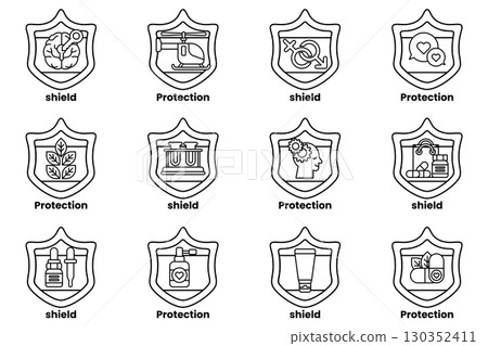 The image is a set of 12 shields with different designs and colors 130352411