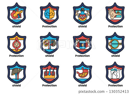 A set of 12 shields with different designs and colors A set of 12 shields with different designs and colors 130352413