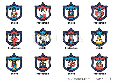 A set of 12 shields with different designs and colors A set of 12 shields with different designs and colors 130352421