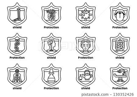A set of 12 shields with the word protection written on them A set of 12 shields with the word protection written on them 130352426