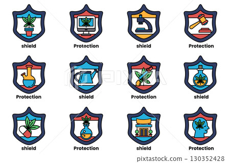 A set of 12 shields with different symbols and colors 130352428