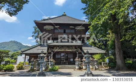 Scenery of blue sky, temple and stone lantern 130353055