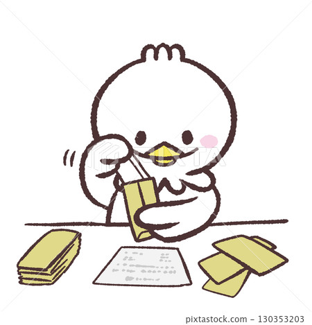 Illustration of a white bird doing packaging work 130353203