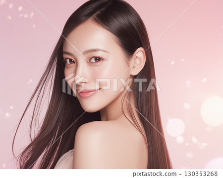 An image of a beautiful, translucent Asian woman's skin against a pink background (beauty SNS magazine) 130353268